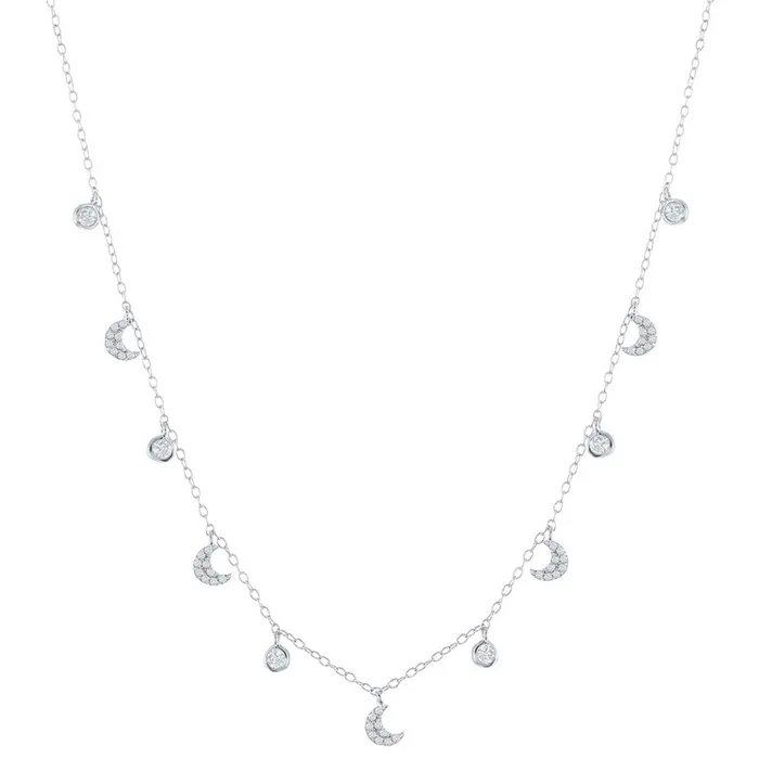 Necklaces Classic Classic Womens Necklace Sterling Silver Station Round Crescent Moon CZ M6809