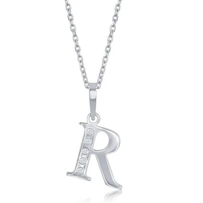 Necklaces Classic Sterling Silver Diamond R Initial Pendant Chain