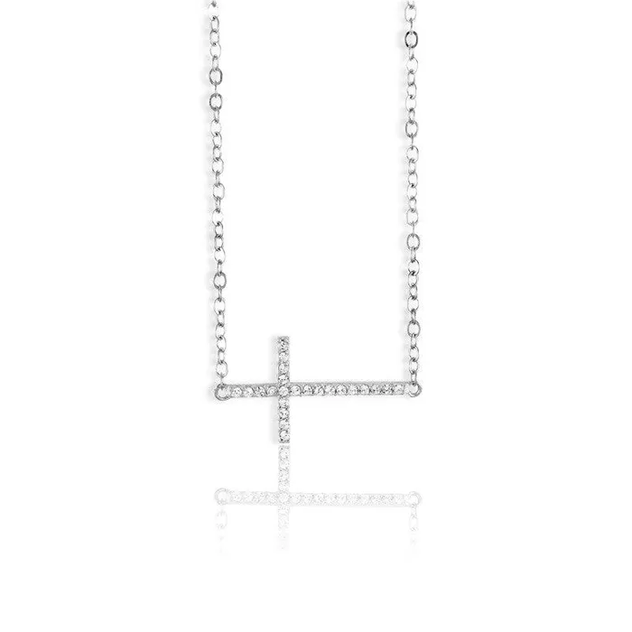 Necklaces Classic Sterling Silver Sideways CZ Cross Design Necklace