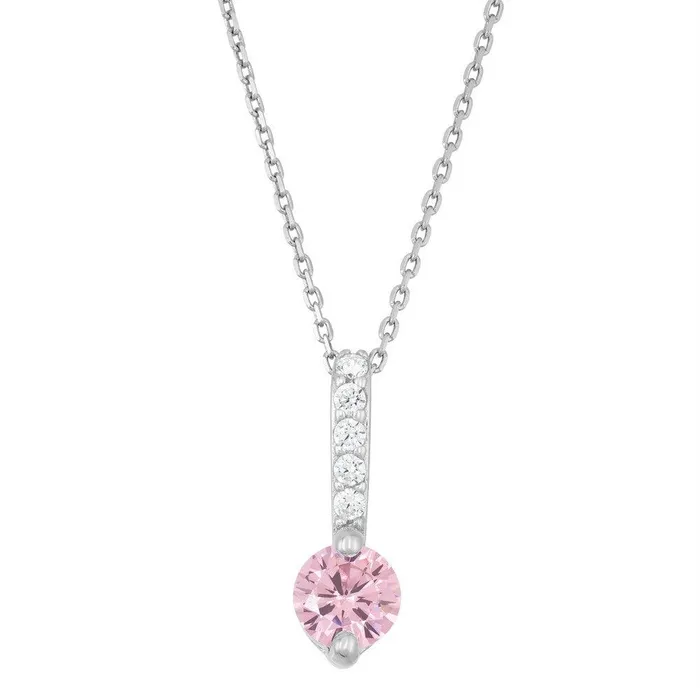 Necklaces Classic Sterling Silver Thin CZ Bar and Pink CZ End Pendant