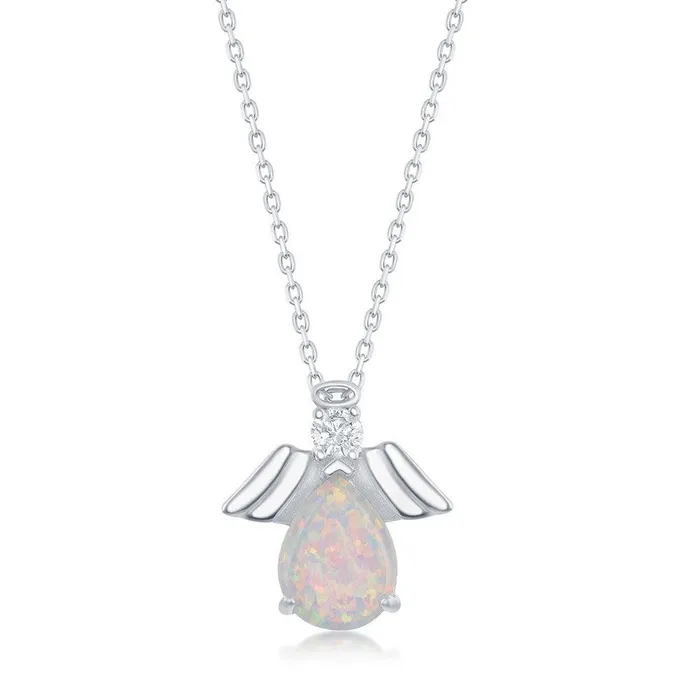 Necklaces Classic Sterling Silver White Opal with CZ Angel Pendant