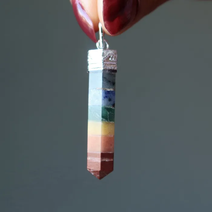 Necklaces Satin Crystals Chakra Pendant Point of Bliss 7 Crystals Silver