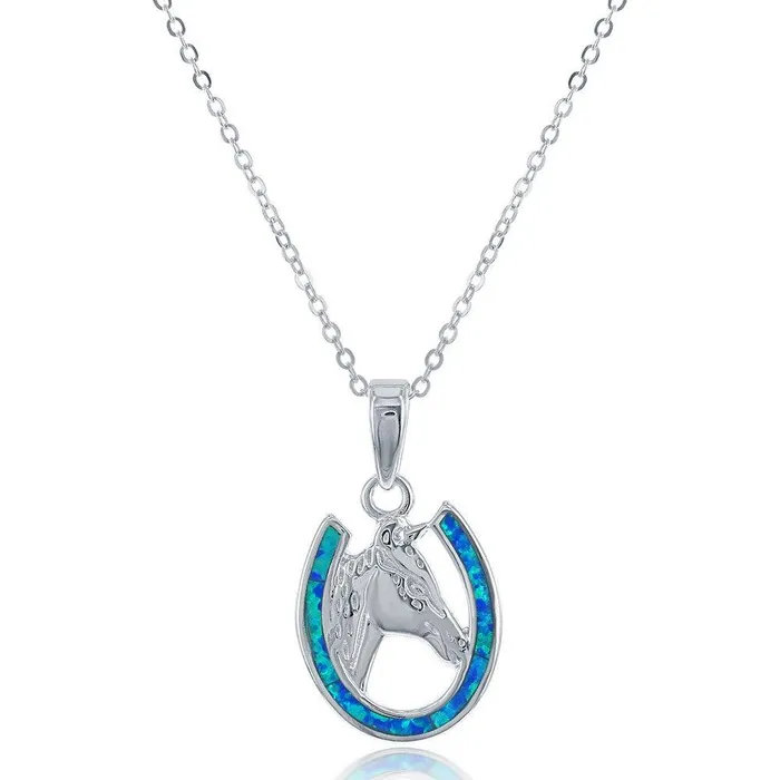 Necklaces Sterling Silver Horseshoe with Center Horse Pendant Classic