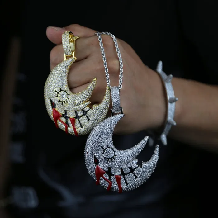 Necklaces XL Iced Out Blood Moon Hip Hop Pendant Necklace VVS Jewelry