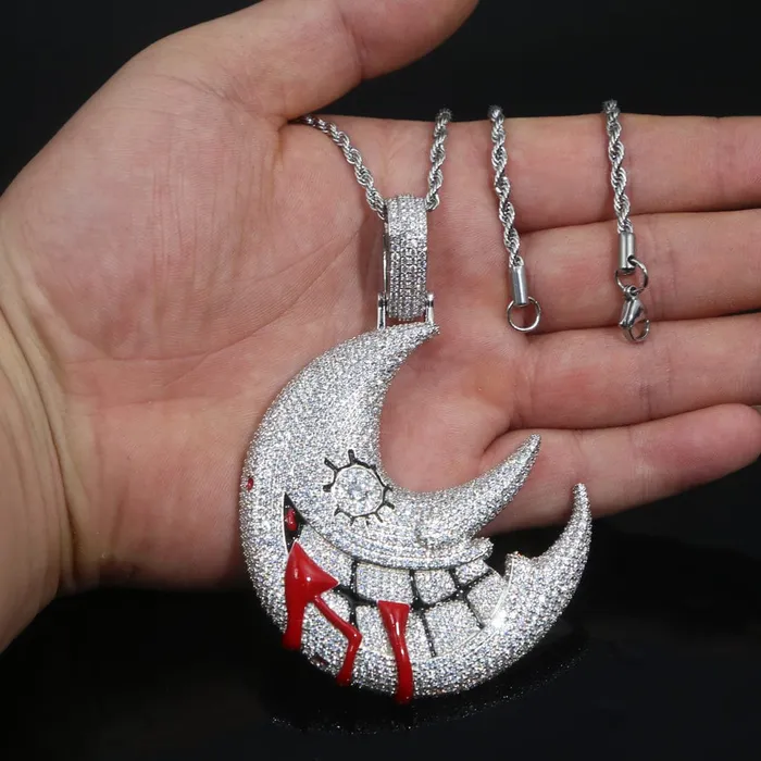 Necklaces XL Iced Out Blood Moon Hip Hop Pendant Necklace VVS Jewelry