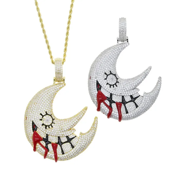 Necklaces XL Iced Out Blood Moon Hip Hop Pendant Necklace VVS Jewelry