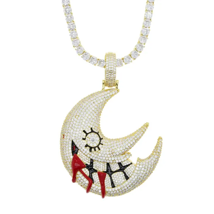 Necklaces XL Iced Out Blood Moon Hip Hop Pendant Necklace VVS Jewelry