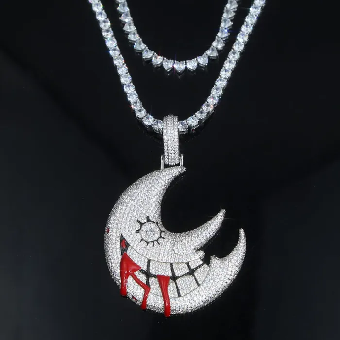 Necklaces XL Iced Out Blood Moon Hip Hop Pendant Necklace VVS Jewelry