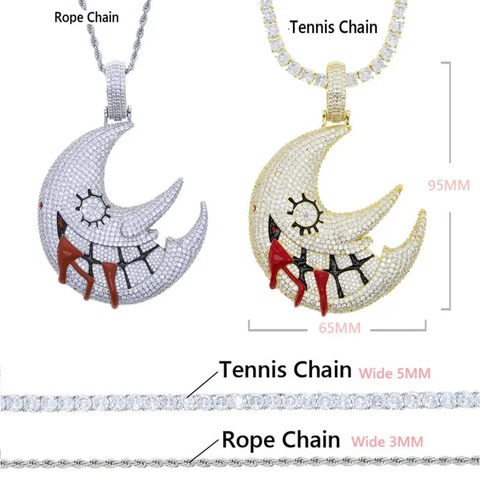 Necklaces XL Iced Out Blood Moon Hip Hop Pendant Necklace VVS Jewelry