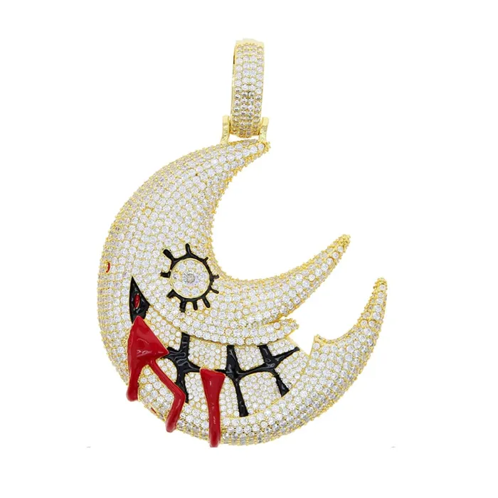 Necklaces XL Iced Out Blood Moon Hip Hop Pendant Necklace VVS Jewelry