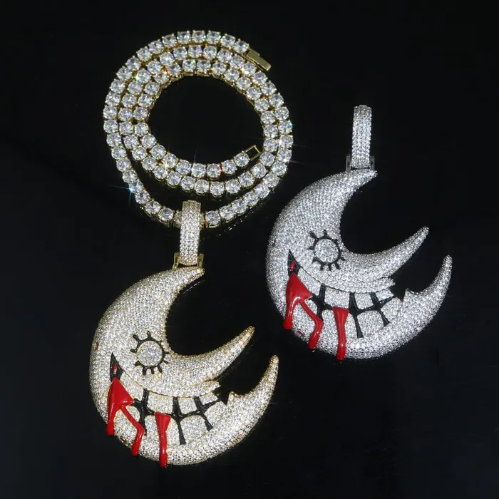 Necklaces XL Iced Out Blood Moon Hip Hop Pendant Necklace VVS Jewelry