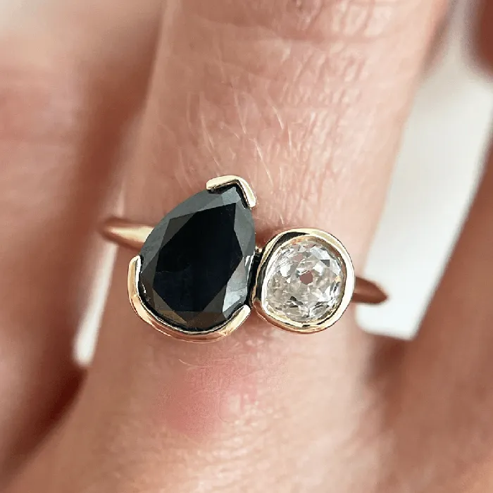 Rings 218ct Black Diamond Pear and Old Mine Cut Toi et Moi Ring Marrow Fine