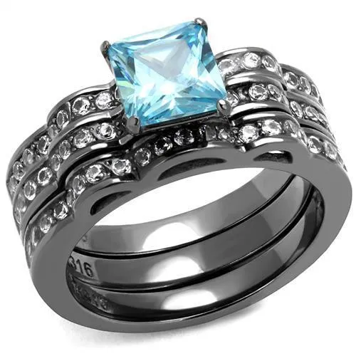 Rings Alamode TK2748 IP Light Black IP Gun Stainless Steel Ring with AAA Grade CZ in Sea Blue