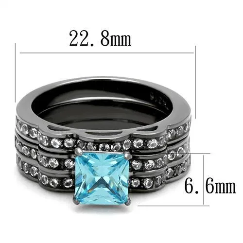 Rings Alamode TK2748 IP Light Black IP Gun Stainless Steel Ring with AAA Grade CZ in Sea Blue