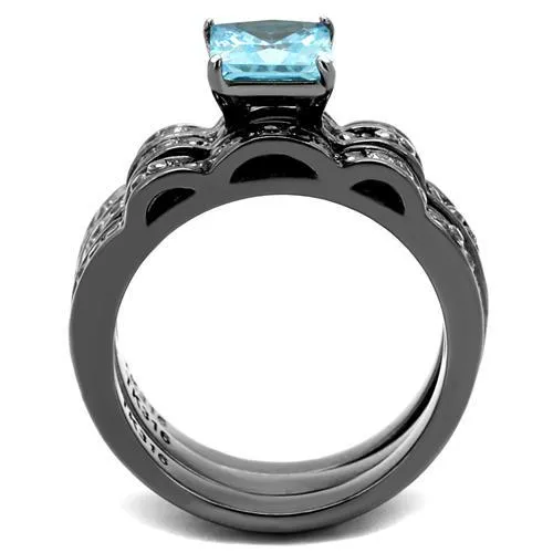 Rings Alamode TK2748 IP Light Black IP Gun Stainless Steel Ring with AAA Grade CZ in Sea Blue