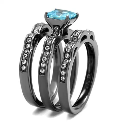 Rings Alamode TK2748 IP Light Black IP Gun Stainless Steel Ring with AAA Grade CZ in Sea Blue