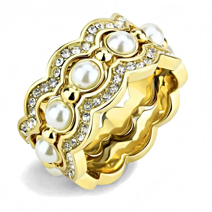 Rings Alamode TK3520 IP GoldIon Plating Stainless Steel Ring with Synthetic Pearl in White