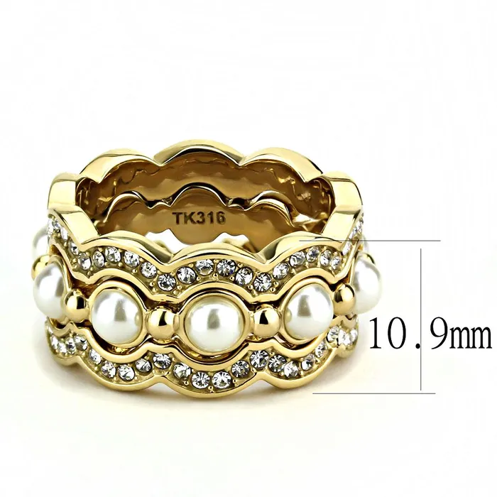 Rings Alamode TK3520 IP GoldIon Plating Stainless Steel Ring with Synthetic Pearl in White
