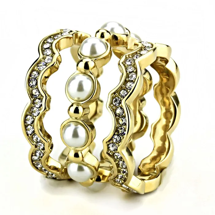 Rings Alamode TK3520 IP GoldIon Plating Stainless Steel Ring with Synthetic Pearl in White