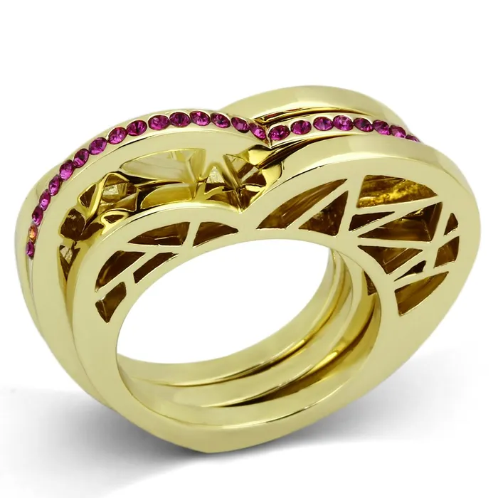 Rings Alamode TK863 IP GoldIon Plating Stainless Steel Ring with Top Grade Crystal in Fuchsia