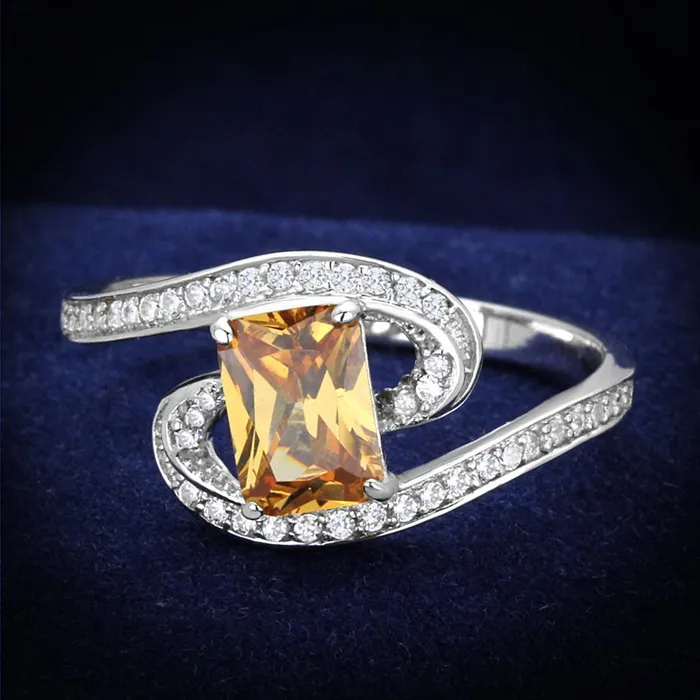 Rings Alamode TS183 Rhodium 925 Sterling Silver Ring with AAA Grade CZ in Champagne