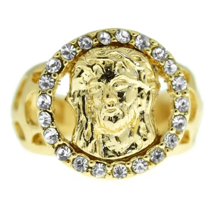 Rings Bling Cartel Admin Round Jesus Face Gold Finish Iced Flooded Out Ring