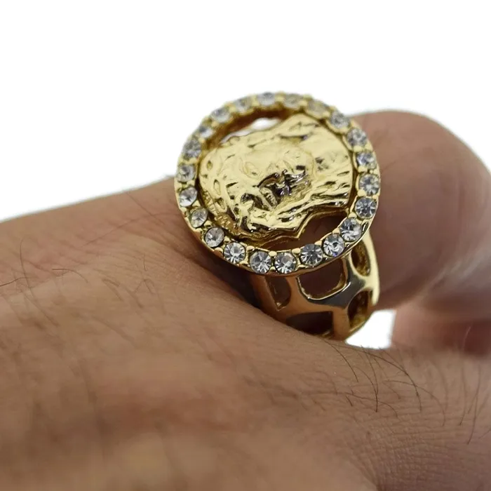 Rings Bling Cartel Admin Round Jesus Face Gold Finish Iced Flooded Out Ring