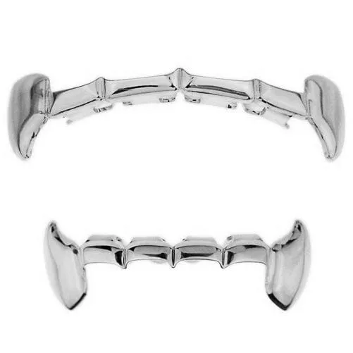 Rings Bling Cartel Admin Silver Tone Full Vampire Fangs Slim Bar Grillz Set