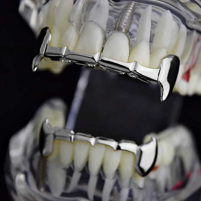 Rings Bling Cartel Admin Silver Tone Full Vampire Fangs Slim Bar Grillz Set