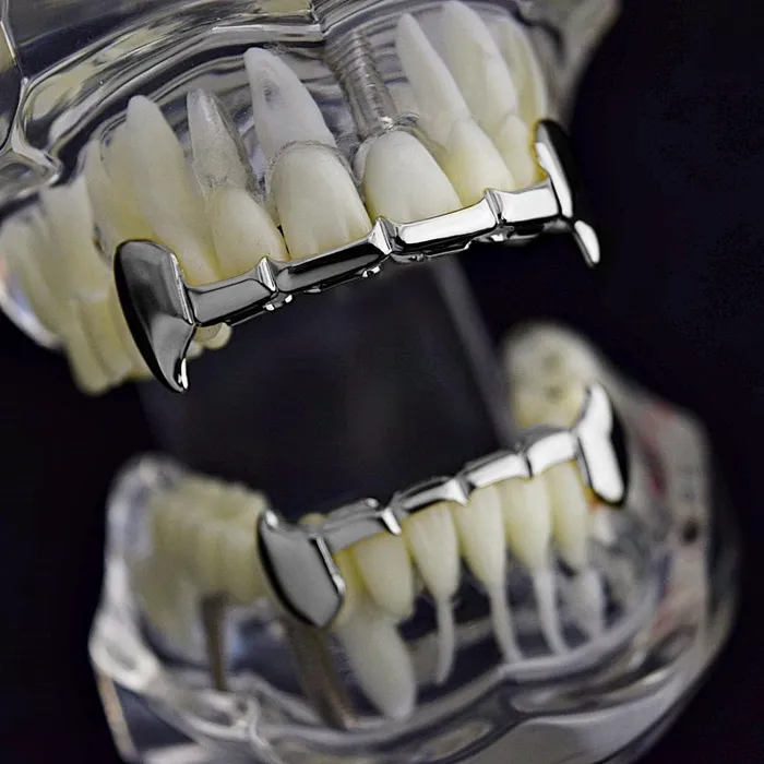Rings Bling Cartel Admin Silver Tone Full Vampire Fangs Slim Bar Grillz Set