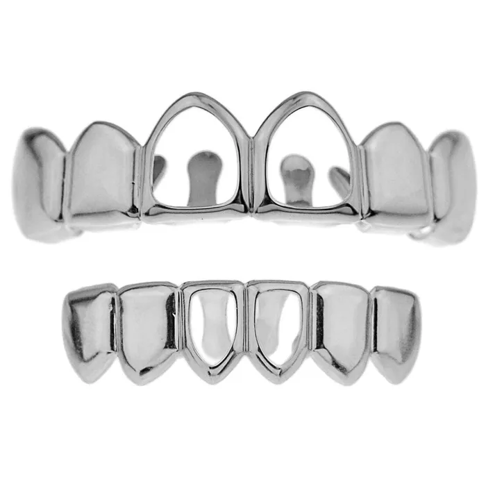 Rings Bling Cartel Admin Silver Tone Two Open Face Teeth Grillz Set