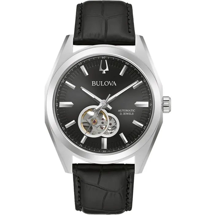 Rings Bulova Bulova Mens Watch Surveyor Open Heart Black and Silver Tone Dial Strap 96A273