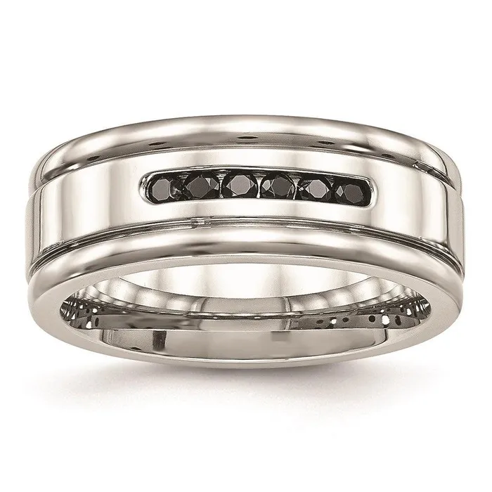 Rings Chisel Stainless Steel Polished Grooved Black CZ Ring