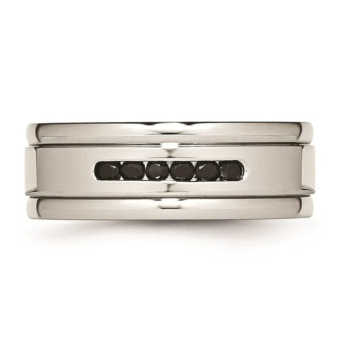Rings Chisel Stainless Steel Polished Grooved Black CZ Ring