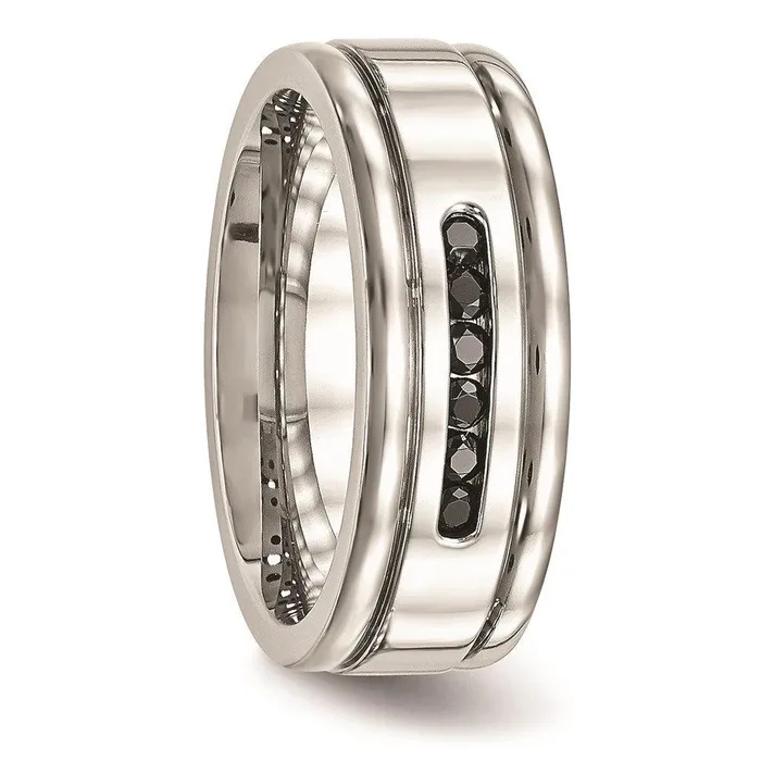 Rings Chisel Stainless Steel Polished Grooved Black CZ Ring