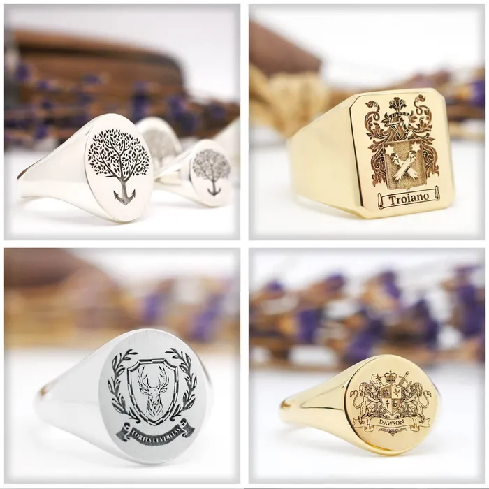 Rings deBebians Mens Oval Signet Ring Large Laser Engraved Family Crest Logo