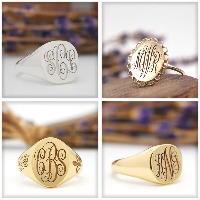 Rings deBebians Womens Oval Signet Ring Large Laser Engraved Script Monogram