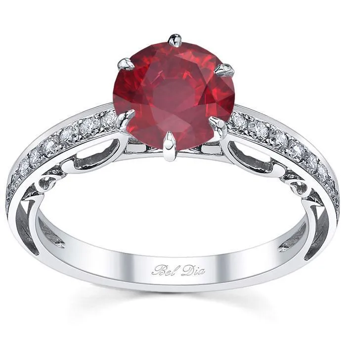 Rings Floral Accented Pave Engagement Ring with Ruby deBebians