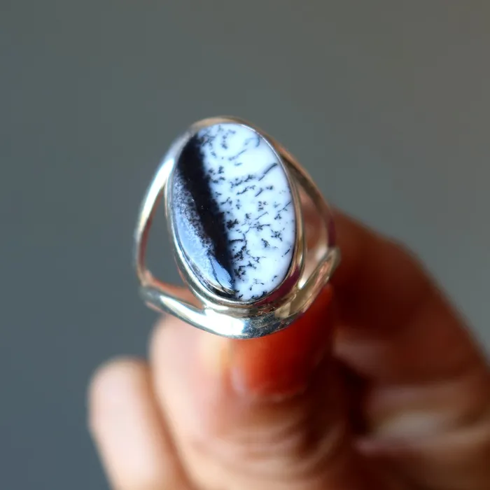 Rings Satin Crystals Dendritic Agate Ring Trees Sterling Silver Size 9