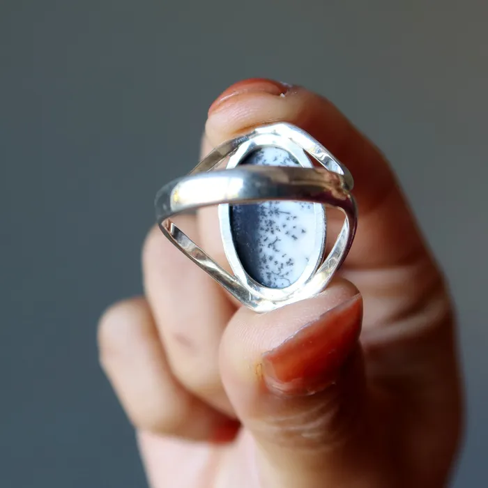 Rings Satin Crystals Dendritic Agate Ring Trees Sterling Silver Size 9