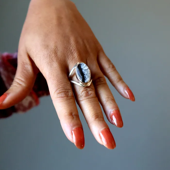 Rings Satin Crystals Dendritic Agate Ring Trees Sterling Silver Size 9