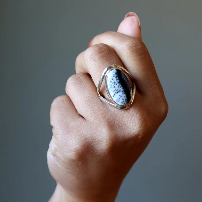 Rings Satin Crystals Dendritic Agate Ring Trees Sterling Silver Size 9