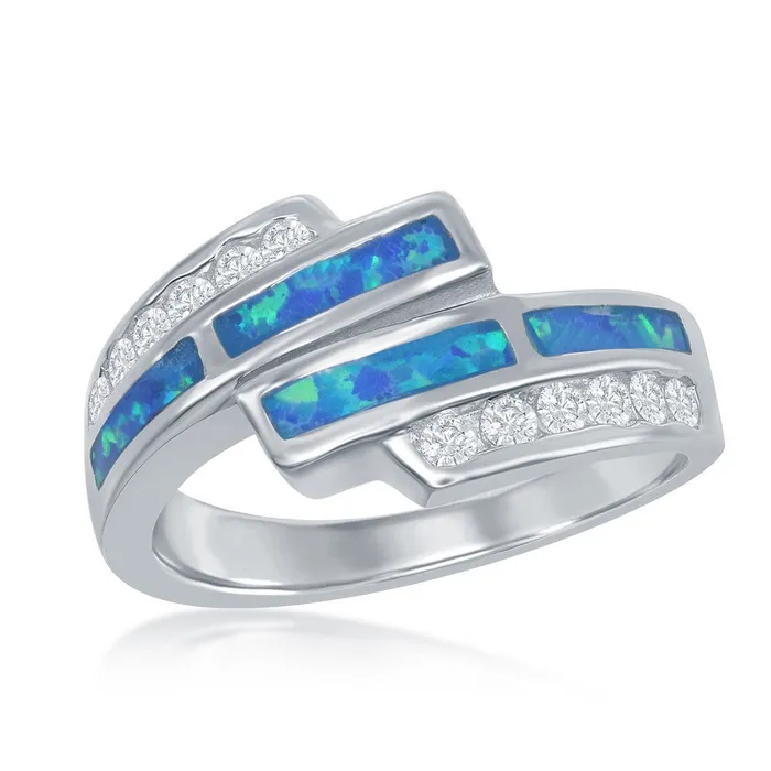 Rings Sterling Silver CZ Overlapping Blue Inlay Opal Ring W9459 Classic