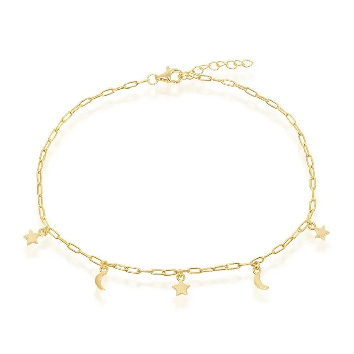 Rings Sterling Silver Moon Star Charms Paperclip Anklet Gold Plated Classic