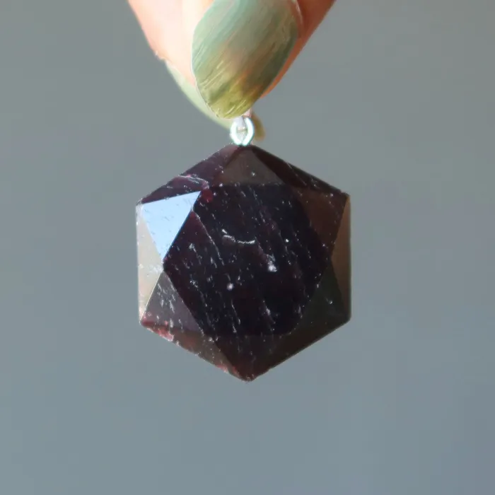 Satin Crystals Necklaces Garnet Pendant Hexagon of Health Red Crystal Silver