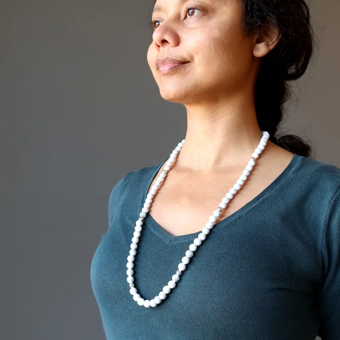 Satin Crystals Necklaces Howlite Necklace White Beaded Long Strand Aura Gems