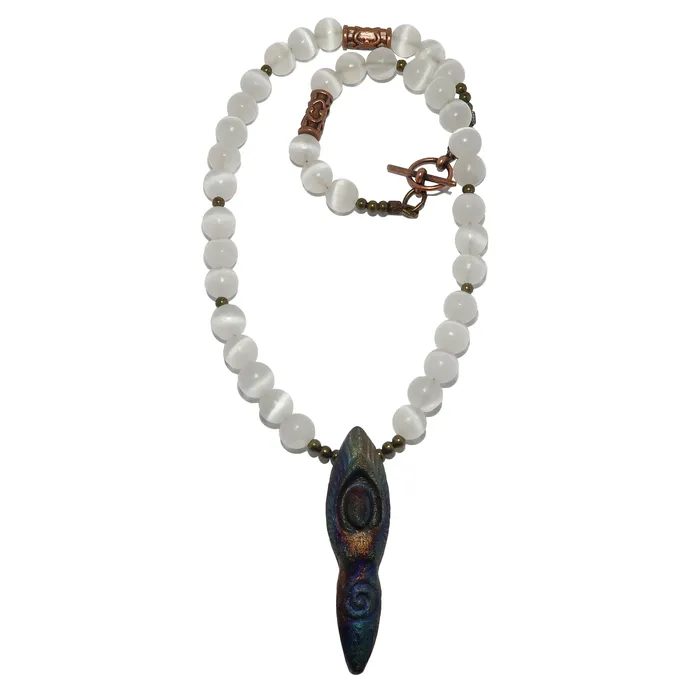 Satin Crystals Necklaces Selenite Necklace Radiant Goddess Raku White Gems