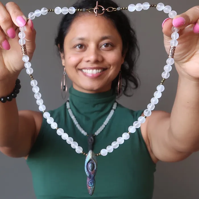 Satin Crystals Necklaces Selenite Necklace Radiant Goddess Raku White Gems