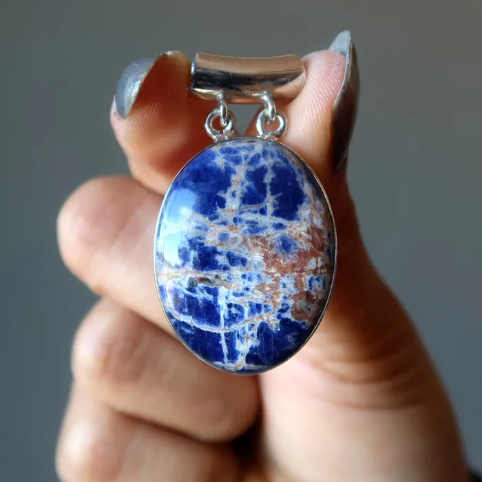 Satin Crystals Necklaces Sodalite Pendant Pink Sunset Blue Sea Oval Sterling Silver