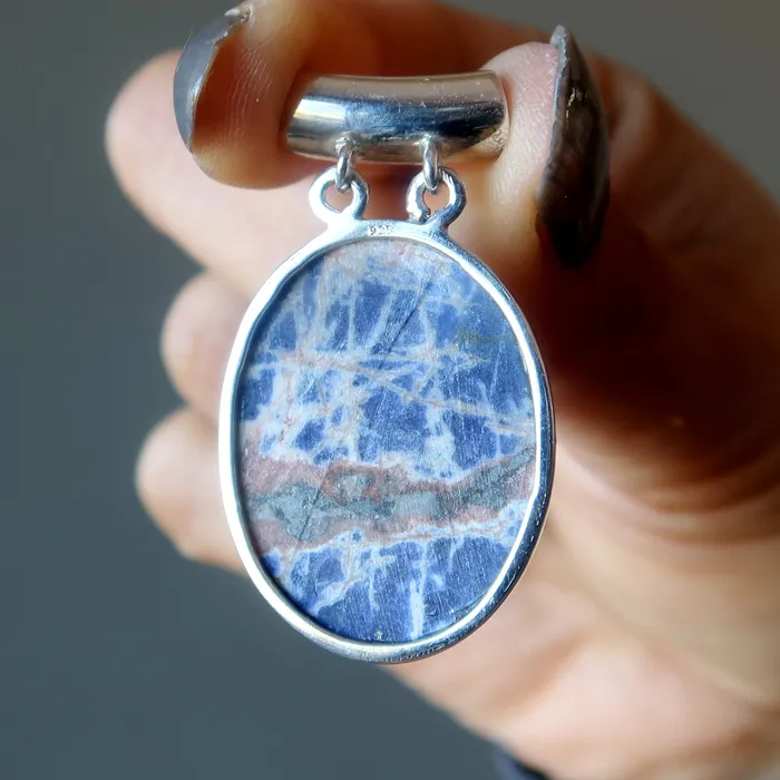 Satin Crystals Necklaces Sodalite Pendant Pink Sunset Blue Sea Oval Sterling Silver
